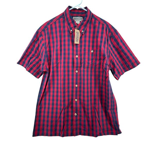 Duluth Size Medium NEW Button Down Shirt Short Sleeve Plaid Gingham Red Blue - Picture 1 of 3